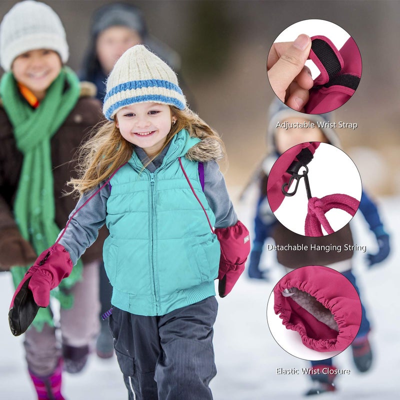 MCTi Kids Mittens Waterproof Winter Ski Warm Sherpa Lined Long Cuff with String (Red, XX-Small(Fits 5-7 Years)) - Image 5